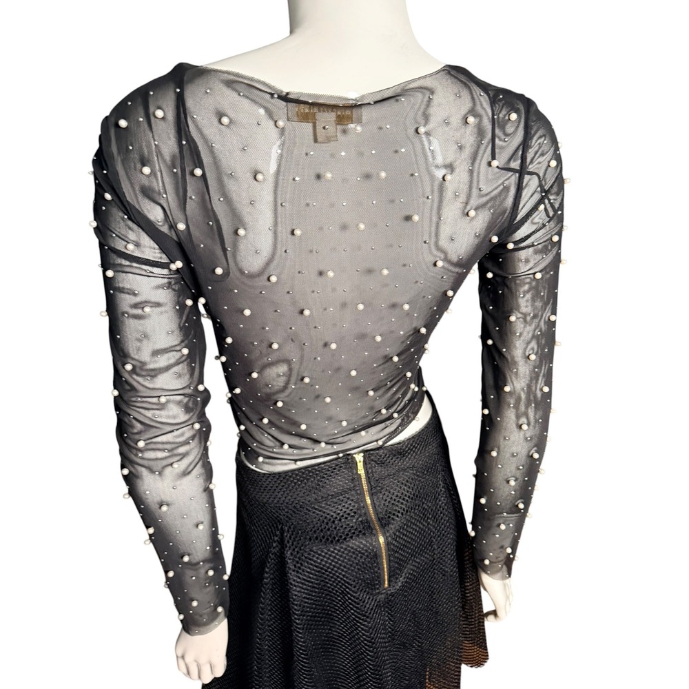 Thirty/Thirty LA Womens Black Sheer Mesh Pearl Embellished Crop Top Large - Picture 5 of 7